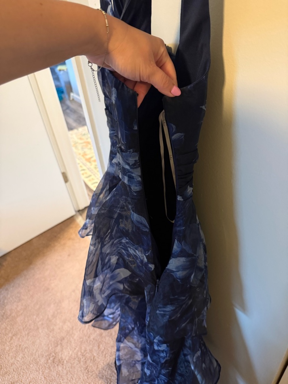 Lulus Dramatic Glamour Navy Blue Floral Organza Tiered Midi Dress - Picture 7 of 12